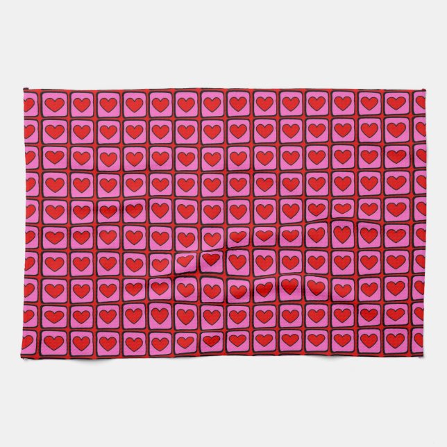 Retro Vintage Chequered Heart Y2K Pattern  Tea Towel (Horizontal)