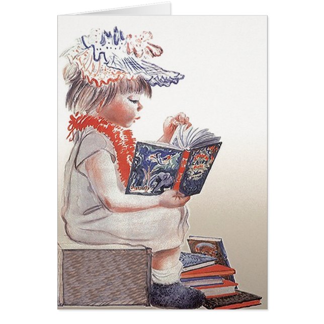 Retro Vintage Child Girl Reads Library Books Cards (Front)
