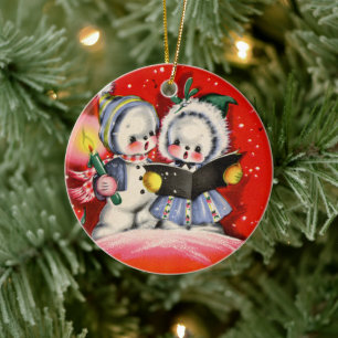 Retro vintage Christmas add message carolers Ceramic Ornament