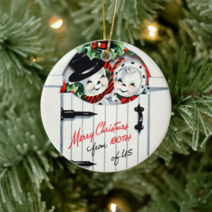 Retro vintage Christmas add message Snow couple Ceramic Ornament
