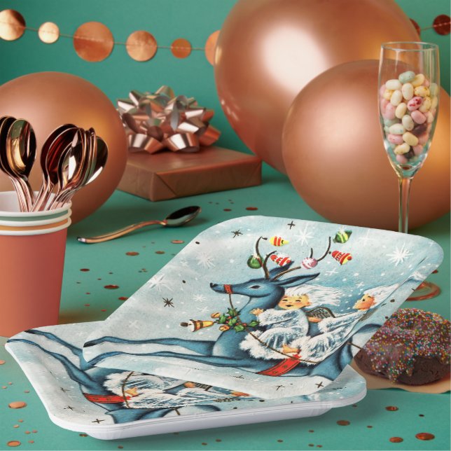 retro vintage Christmas Angels Holiday  Paper Plate (Multi)