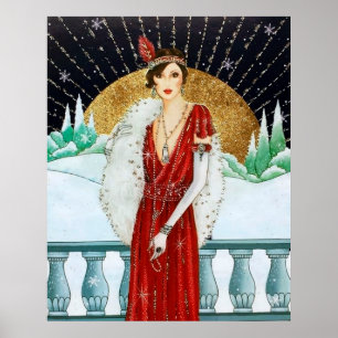 Retro vintage Christmas art deco lady poster