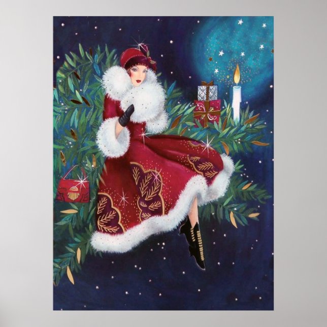 Retro vintage Christmas art deco lady poster (Front)