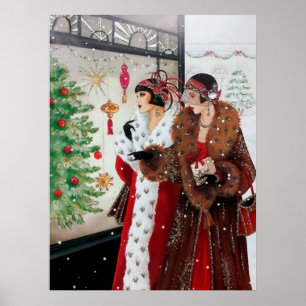 Retro vintage Christmas art deco lady poster