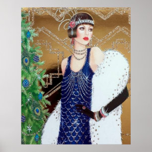 Retro vintage Christmas art deco lady poster