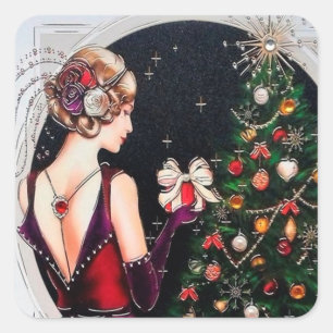 Retro vintage Christmas art deco lady Square Sticker