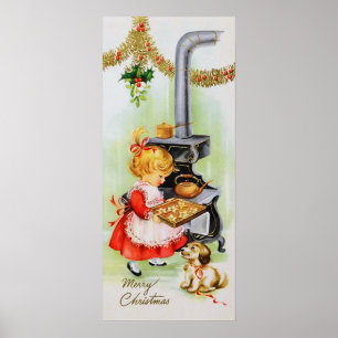 Retro vintage Christmas baking girl poster