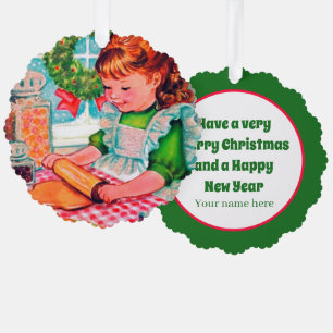 Retro vintage Christmas baking girl Tree Decoration Card