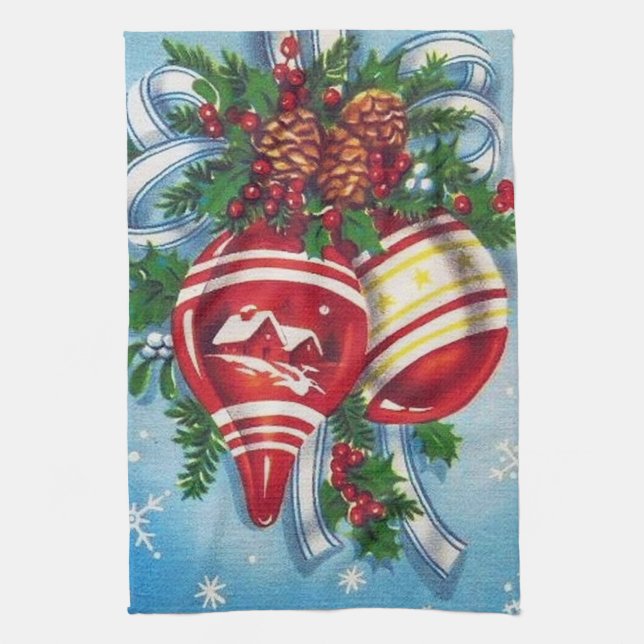 retro vintage Christmas bells Tea Towel (Vertical)