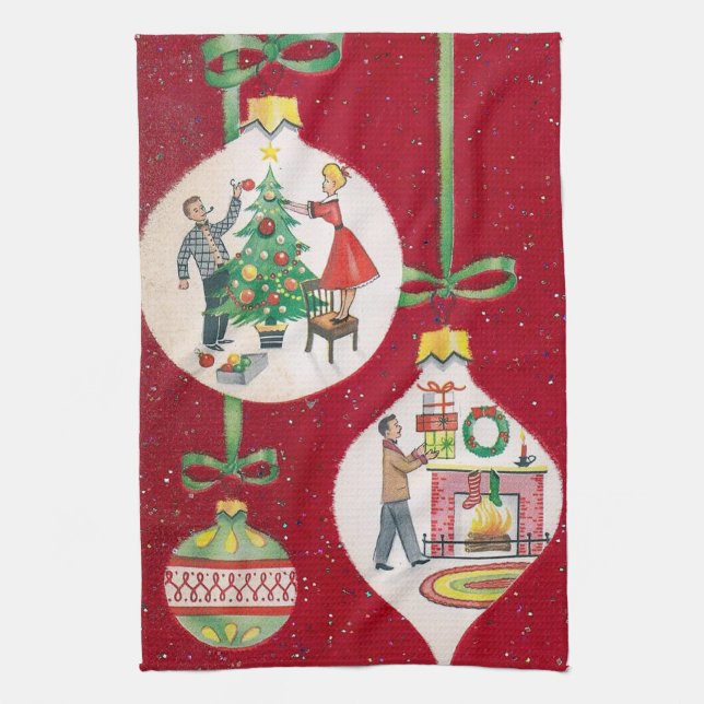 Retro Vintage Christmas bulb kitchen towel (Vertical)