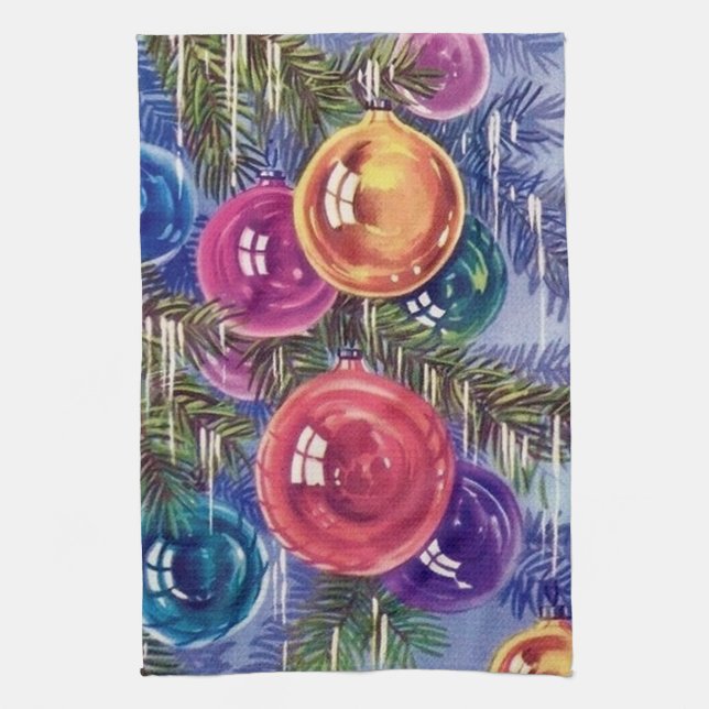 retro vintage Christmas bulbs Holiday Tea Towel (Vertical)
