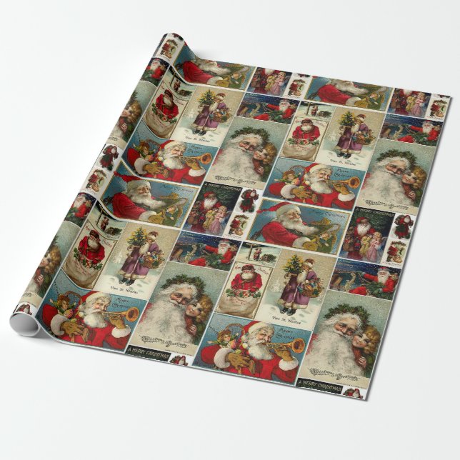Retro Vintage Christmas Cards Collage Wrapping Paper (Unrolled)