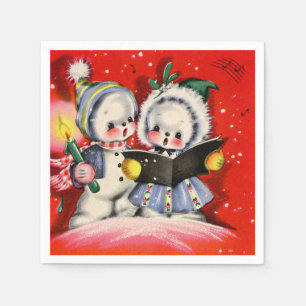 retro vintage Christmas caroling snow kids party Napkin