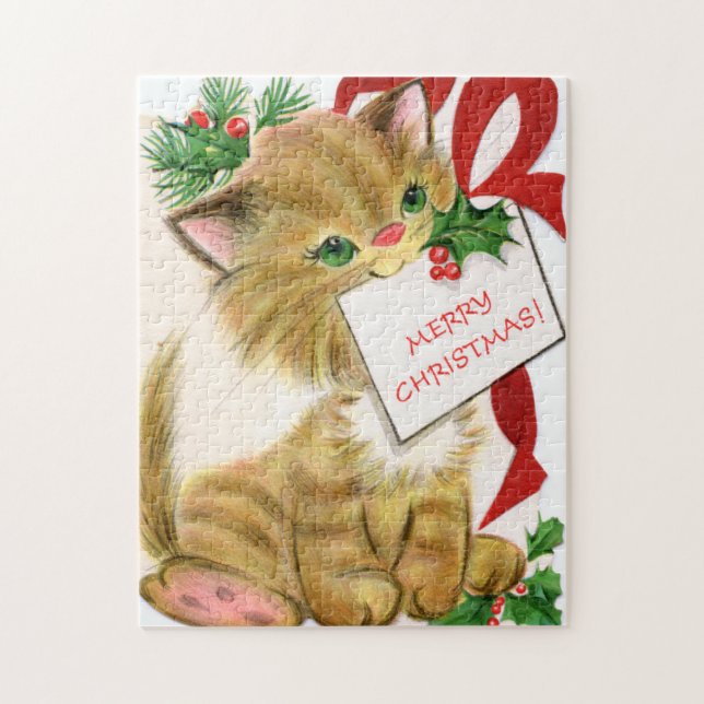 retro vintage Christmas cat Holiday Jigsaw Puzzle (Vertical)