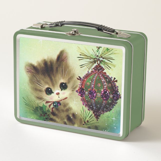 retro vintage Christmas cat Holiday Metal Lunch Box (Front)