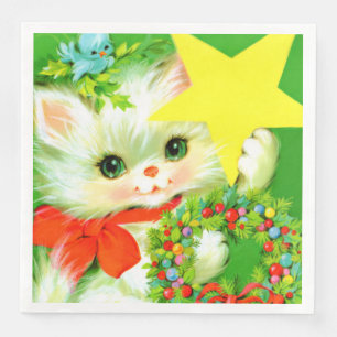 Retro vintage Christmas cat Holiday party  Napkin