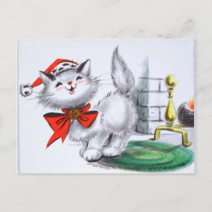 retro vintage Christmas cat  Holiday Postcard