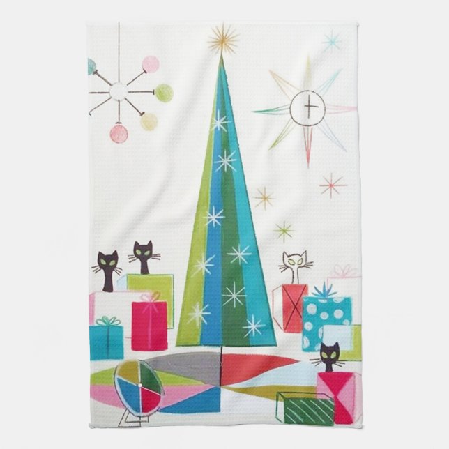 retro vintage Christmas cats Holiday kitchen Tea Towel (Vertical)