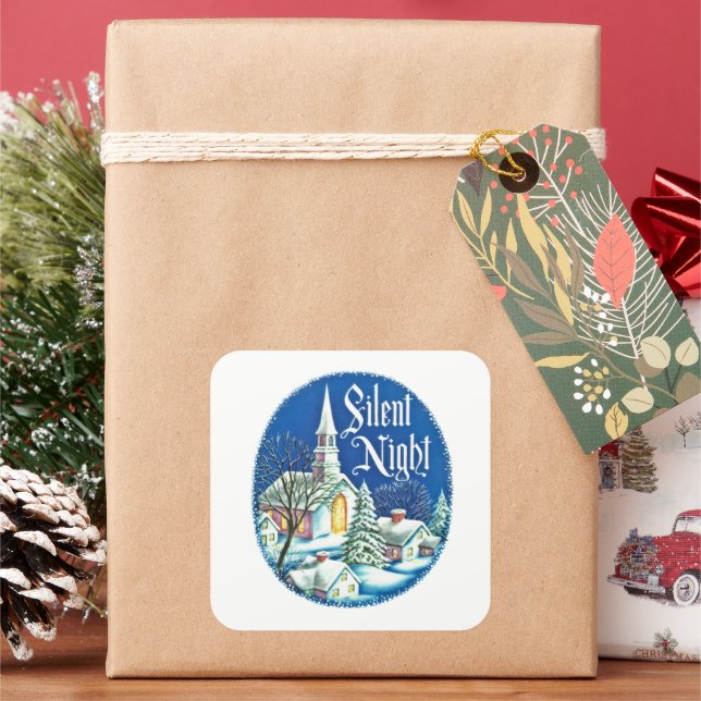 retro vintage Christmas Church scene Holiday Square Sticker (Holiday)