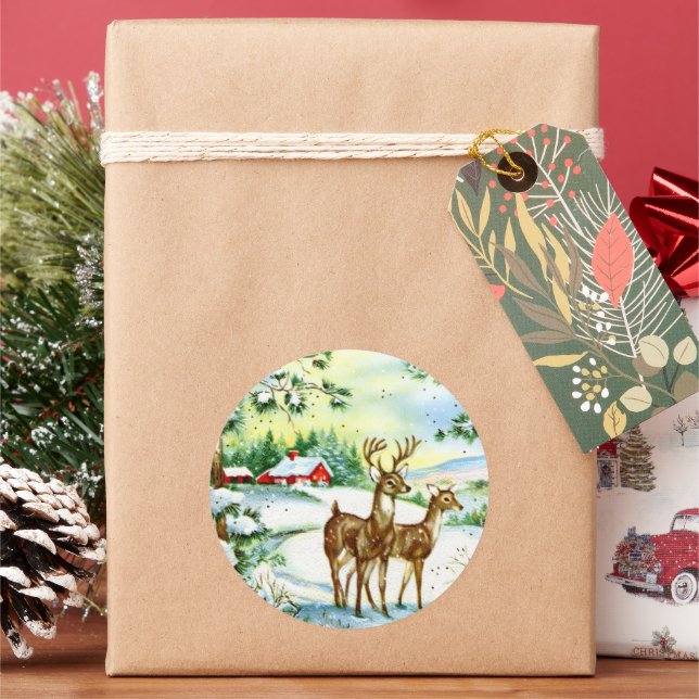 retro vintage Christmas deer Holiday Classic Round Sticker (Holiday)