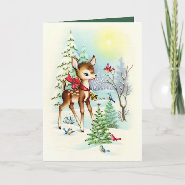 Retro vintage Christmas deer Holiday greeting card (Front)