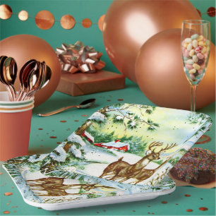 retro vintage Christmas deer Holiday Paper Plate