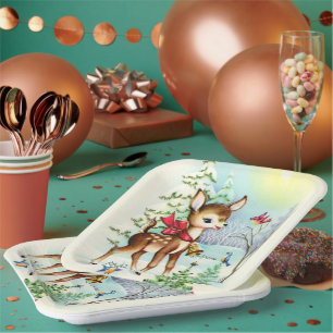 Retro vintage Christmas deer Holiday party Paper Plate
