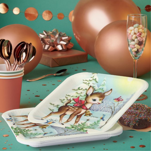 Retro vintage Christmas deer Holiday party Paper Plate (Multi)