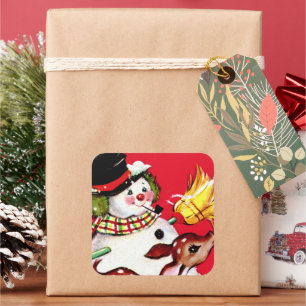 retro vintage Christmas deer snowman Holiday Square Sticker