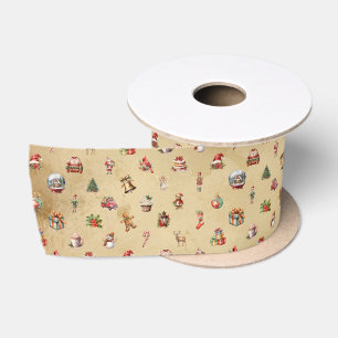 Retro Vintage Christmas Elements Pattern Satin Ribbon