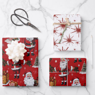 Retro Vintage Christmas Festive Santas Wrapping Paper Sheet