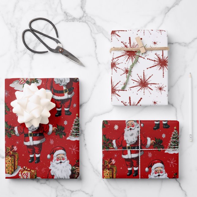 Retro Vintage Christmas Festive Santas Wrapping Paper Sheet (Front)