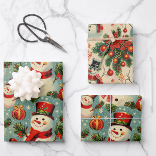 Retro Vintage Christmas: Frosty Snowmen  Wrapping Paper Sheet