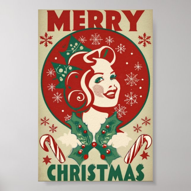 Retro vintage Christmas girl traditional design Poster (Front)