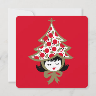 Retro Vintage Christmas Girl with Tree Hat Holiday Card