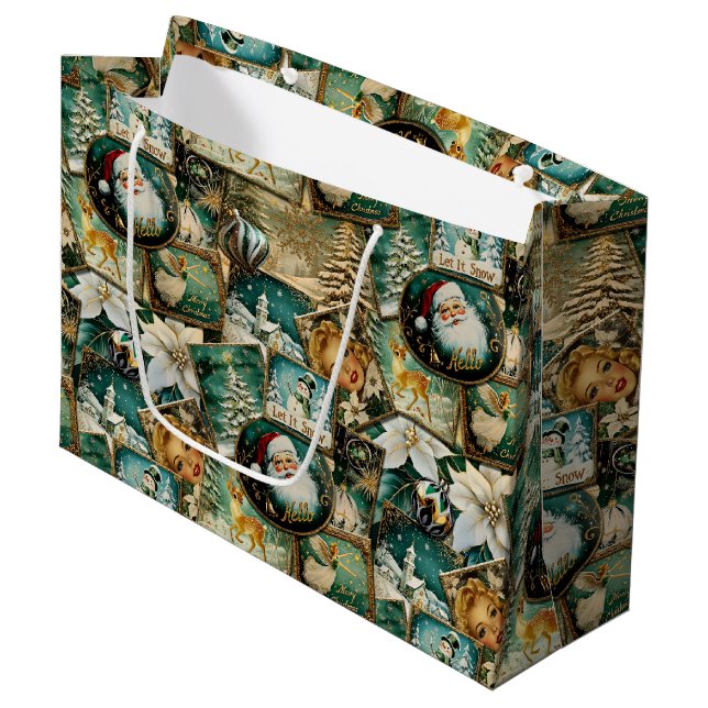 Retro Vintage Christmas: Green Collage Large Gift Bag (Front Angled)