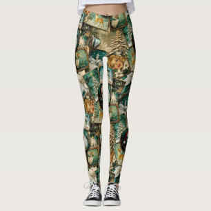 Retro Vintage Christmas: Green Collage Leggings