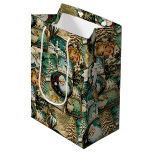 Retro Vintage Christmas: Green Collage Medium Gift Bag