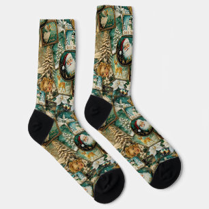 Retro Vintage Christmas: Green Collage Socks