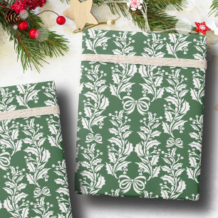 Retro Vintage Christmas Green White Holly Berries Wrapping Paper