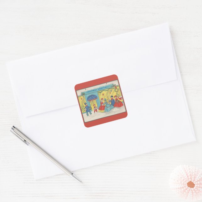 Retro Vintage Christmas Greetings Antique Winter Square Sticker (Envelope)