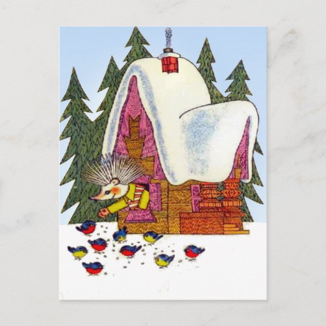 Retro Vintage Christmas , Hedgehog's cottage Holiday Postcard (Front)