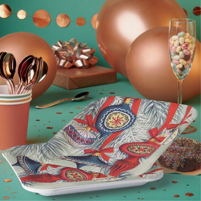 Retro vintage Christmas Holiday bulbs Paper Plate (Multi)