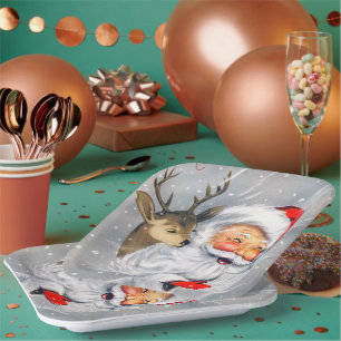 Retro vintage Christmas Holiday Santa reindeer Paper Plate