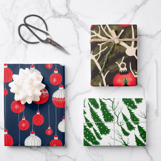 Retro Vintage Christmas Illustration Pattern Wrapping Paper Sheet (Front)