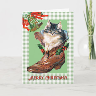 Retro Vintage Christmas Kitten in Boot Sage Plaid Card