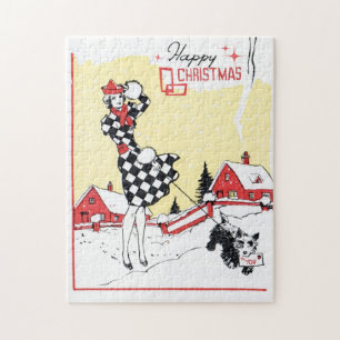 retro vintage Christmas lady Holiday Jigsaw Puzzle