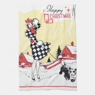 retro vintage Christmas lady Holiday kitchen Tea Towel
