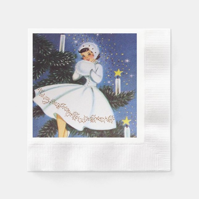 retro vintage Christmas lady Holiday party Napkin (Front)