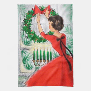 Retro Vintage Christmas Lady kitchen towel